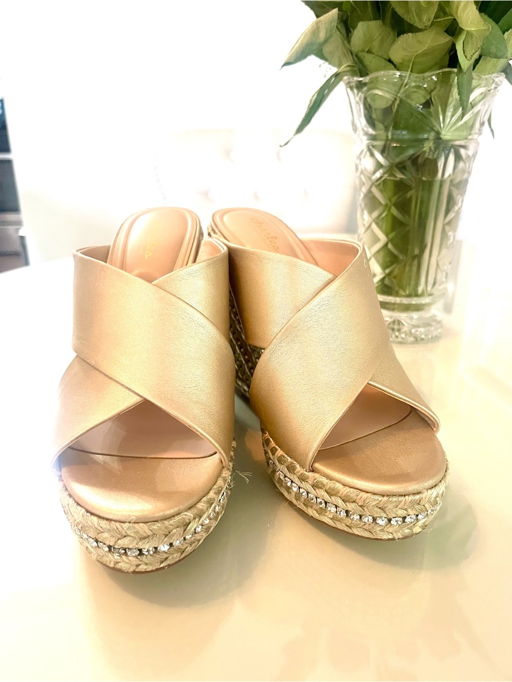 NWOB Charles By Charles David Cate Gold Rhinestone Espadrille Wedge Sandals 9 - Picture 5 of 6